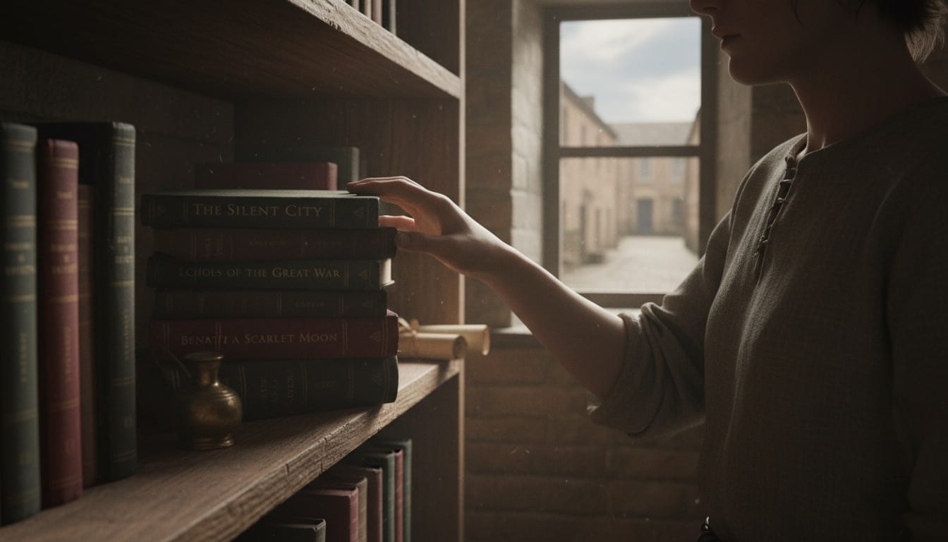 Close-up view of a stack of historical fiction books on a shelf