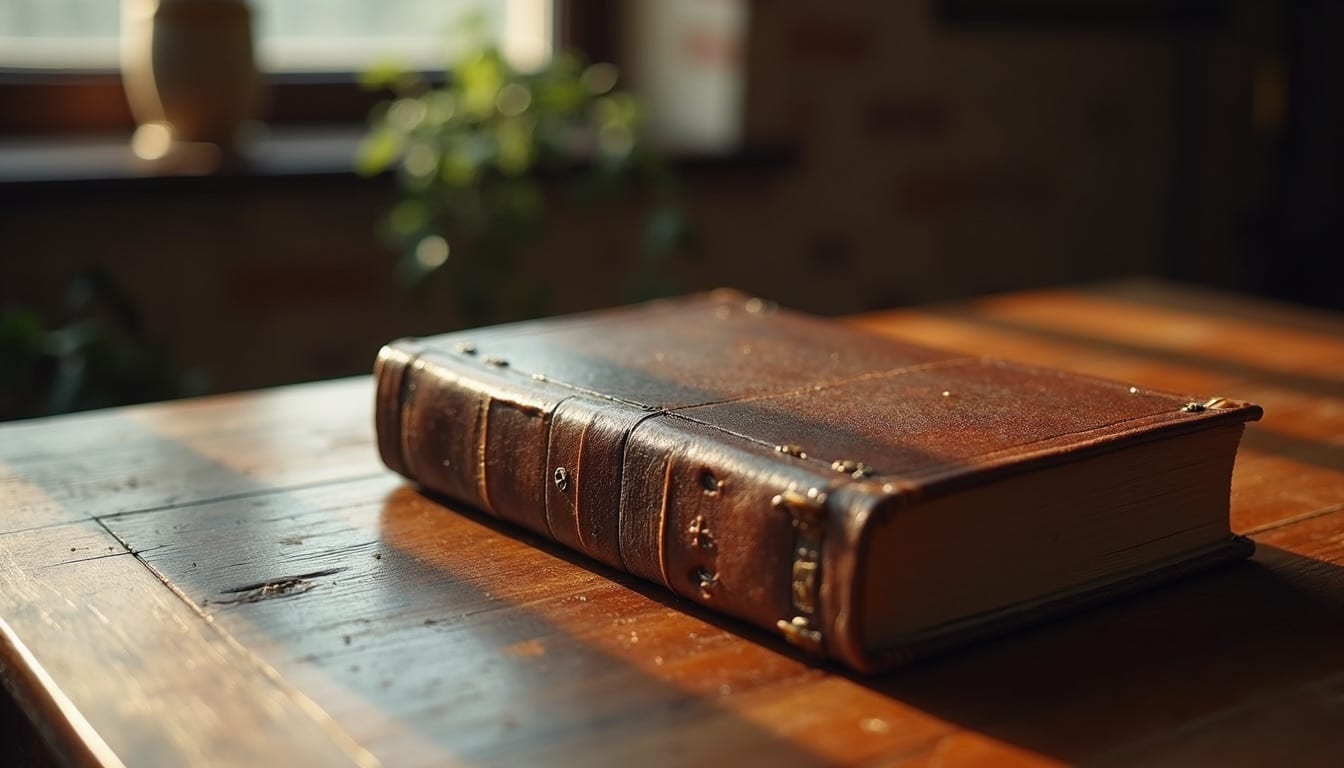 Eye-level view of an old leather-bound book resting on a wooden table