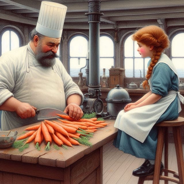 The ship’s cook chopping carrots beside a girl