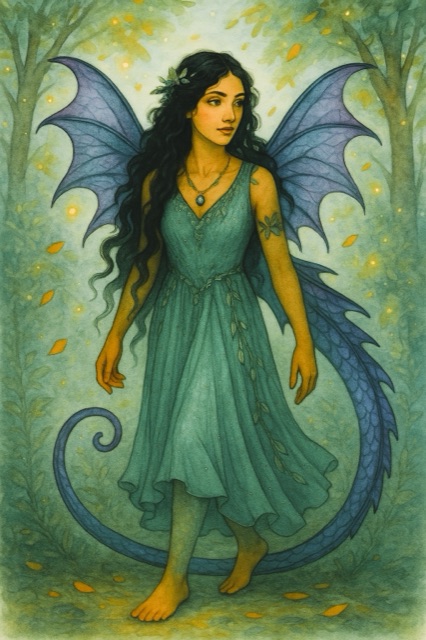 Alasa, with dragon wings, in a blue-green gown