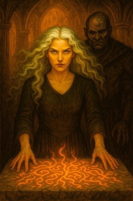 A sorceress over a fire, a dark figure behind her