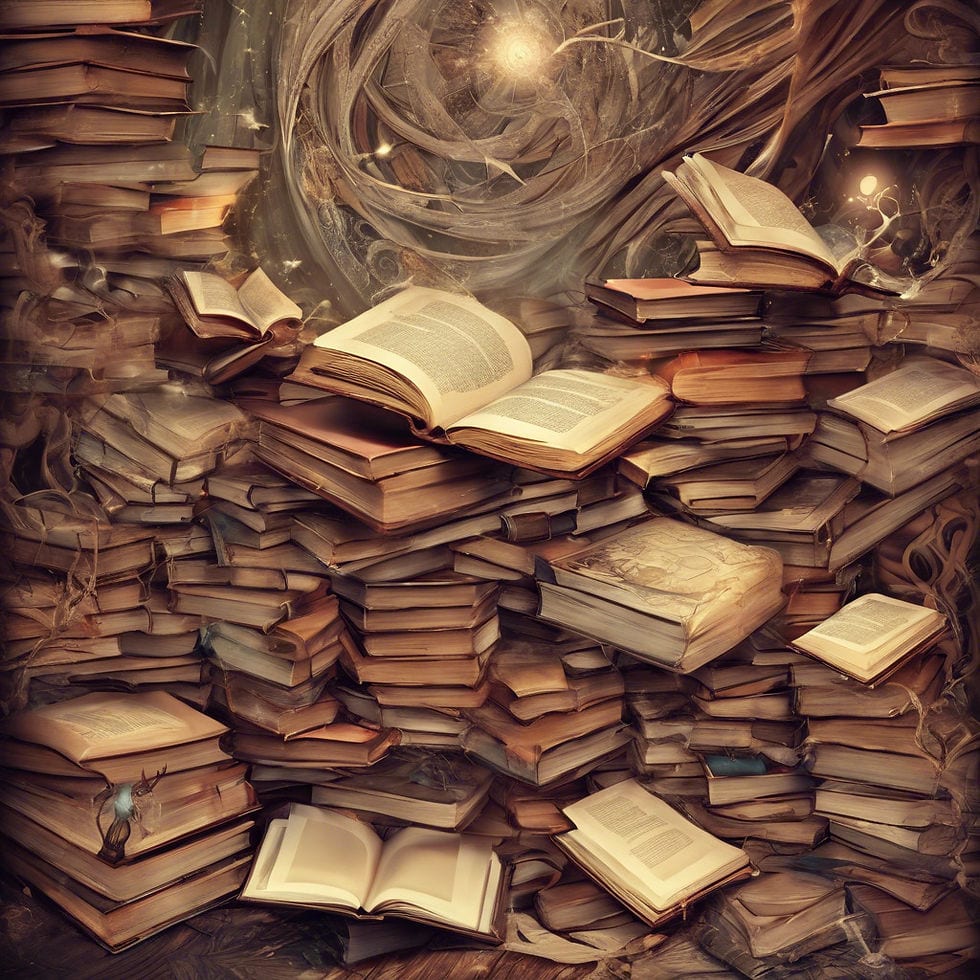 Stacks of open books