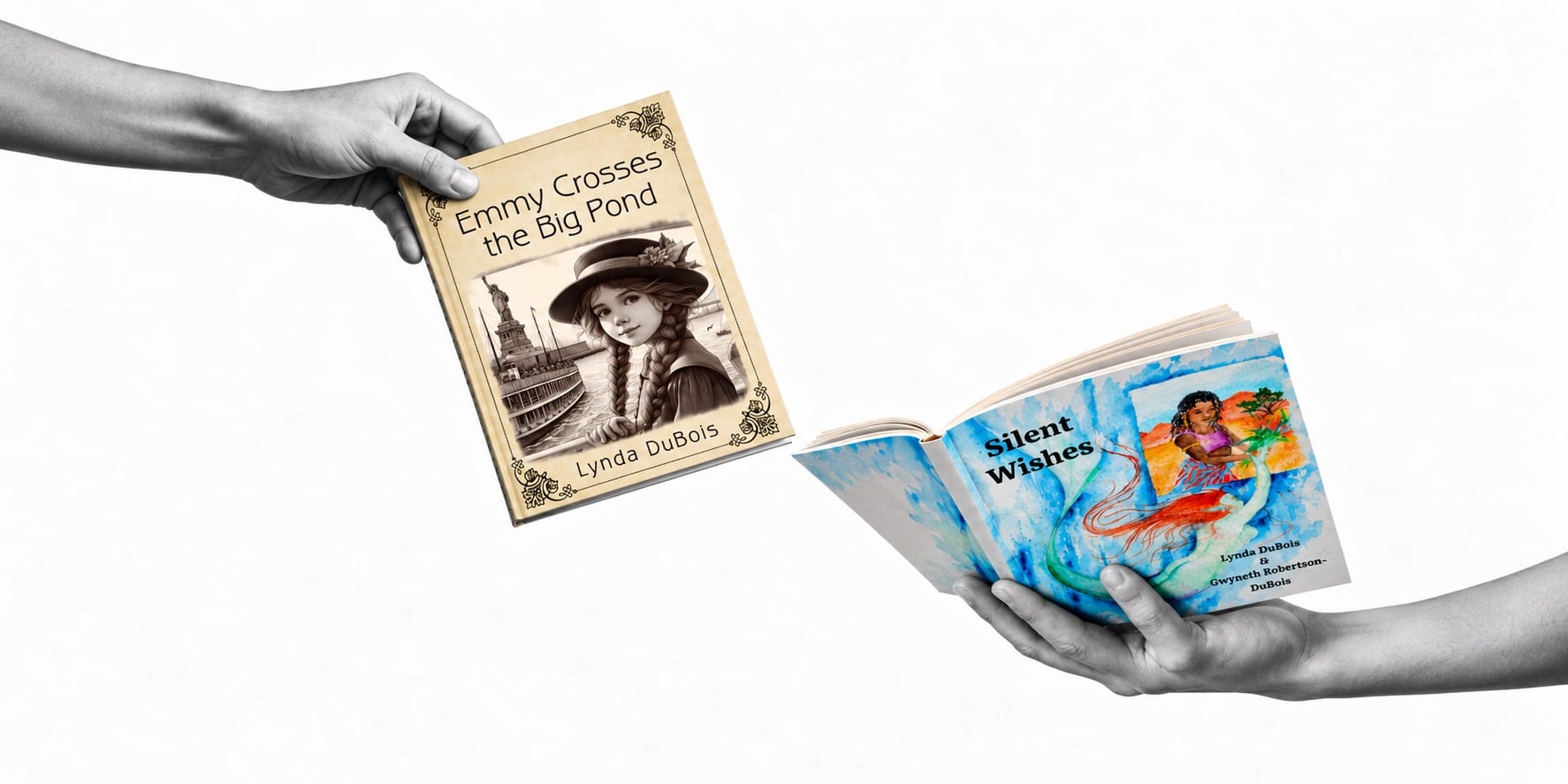 Two hands holding out Emmy Crosses the Big Pond and Silent Wishes